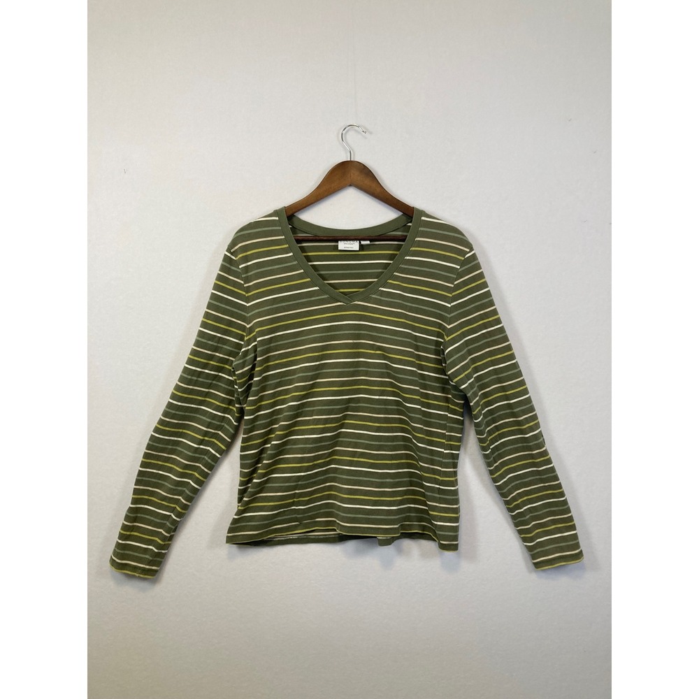 SONOMA life style‎ Womens XL Green Stripe V Neck Long Sleeve Stretch T Shirt Top